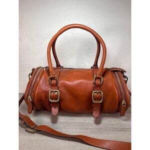 Vintage Cole Haan Saddle Large Purse Satchel Brown Barrel Leather Crossbody Bag